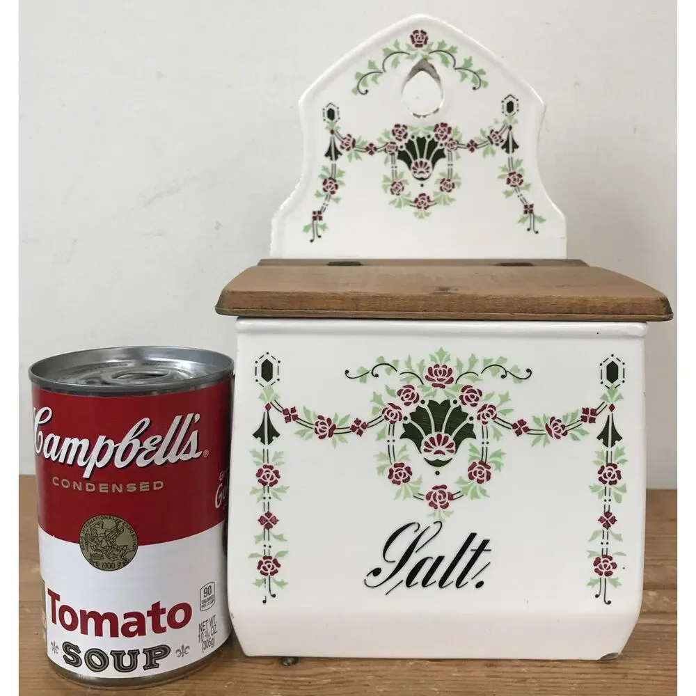 Vtg Antique Danish Salt Wall Hanging Ceramic Wood Floral Bin Kitchen Container